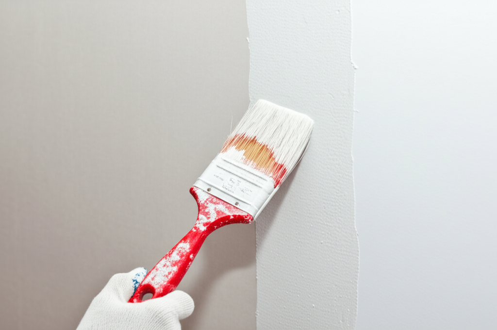Worker painting finished drywall
