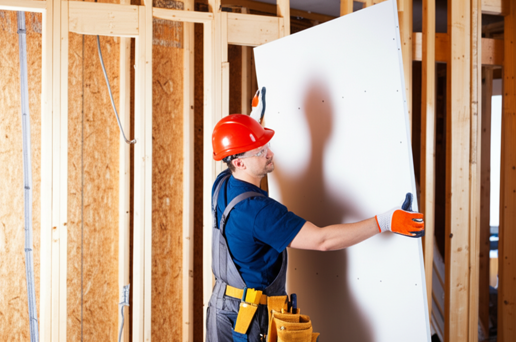 Worker installing new drywall