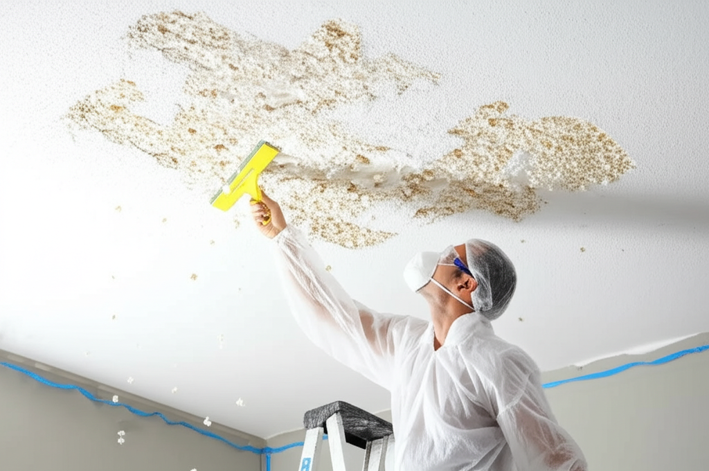 Worker removing popcorn ceiling