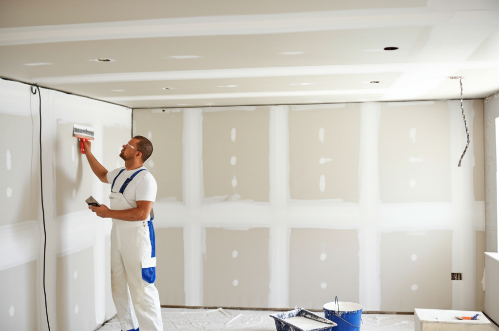 Worker repairing ceiling